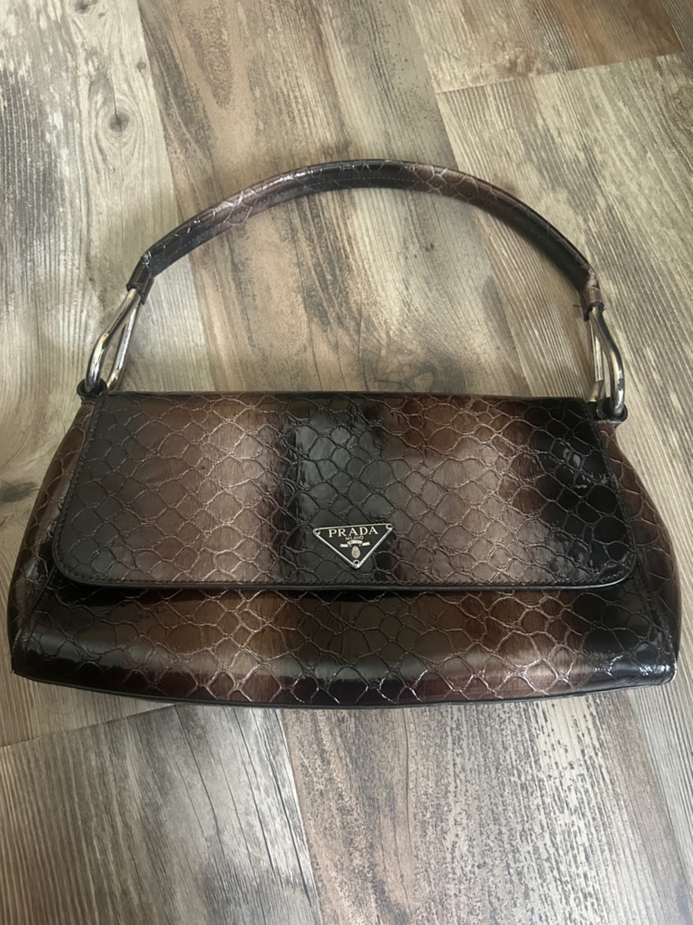 Prada Dark Brown Croc-Embossed Shoulder Bag